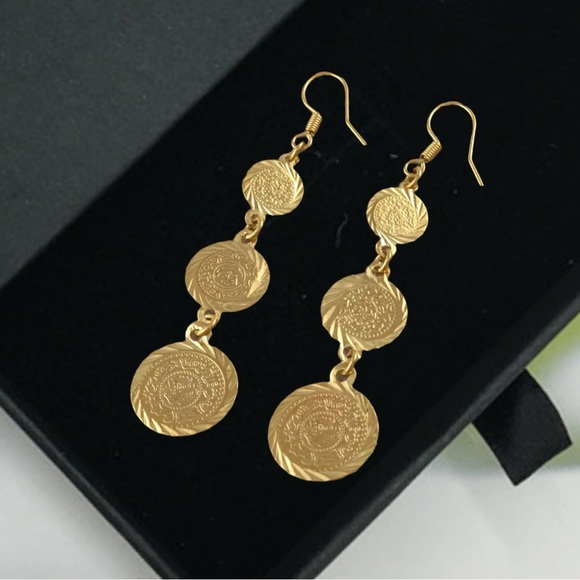 Hanging Earrings, 24k Golf Filled Coin Earrings, Lira Earrings, Arab Jewelry-New - Picture 3 of 7
